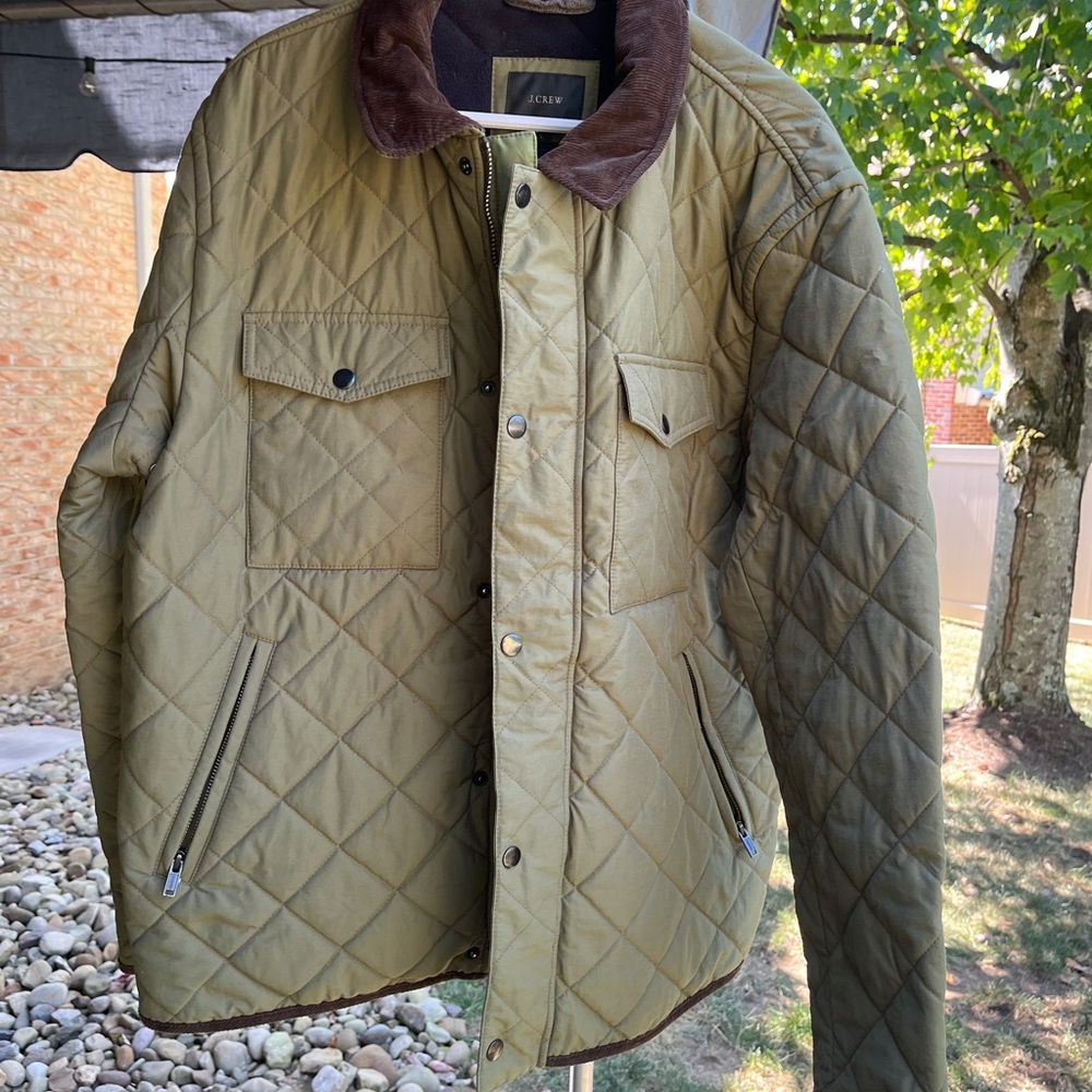 J. Crew Olive Quilted Jacket with Brown Collar lightly used men’s large